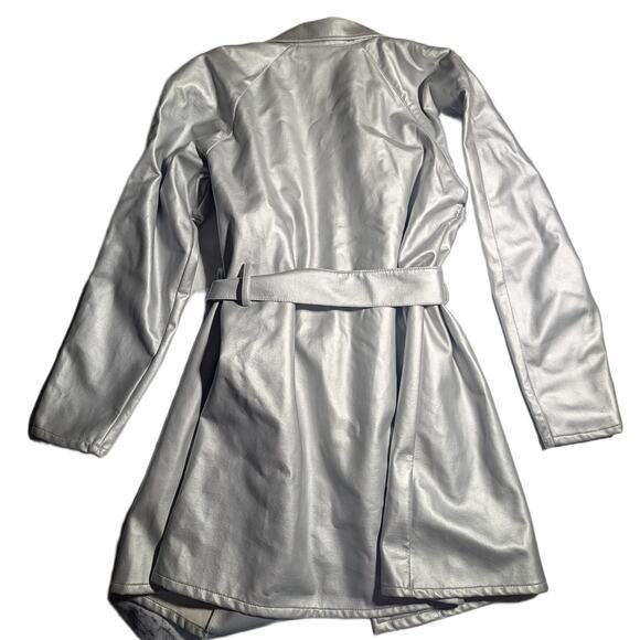 Vtg 1990s BB Dakota Silver Metallic Faux Leather Tie Waist Trench Coat Sz S - Picture 2 of 5
